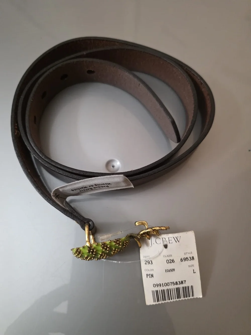 Women’s JCrew Pin Leather Belt - Brown with Green Pineapple Accent. Sz L. NWT - Picture 3 of 4